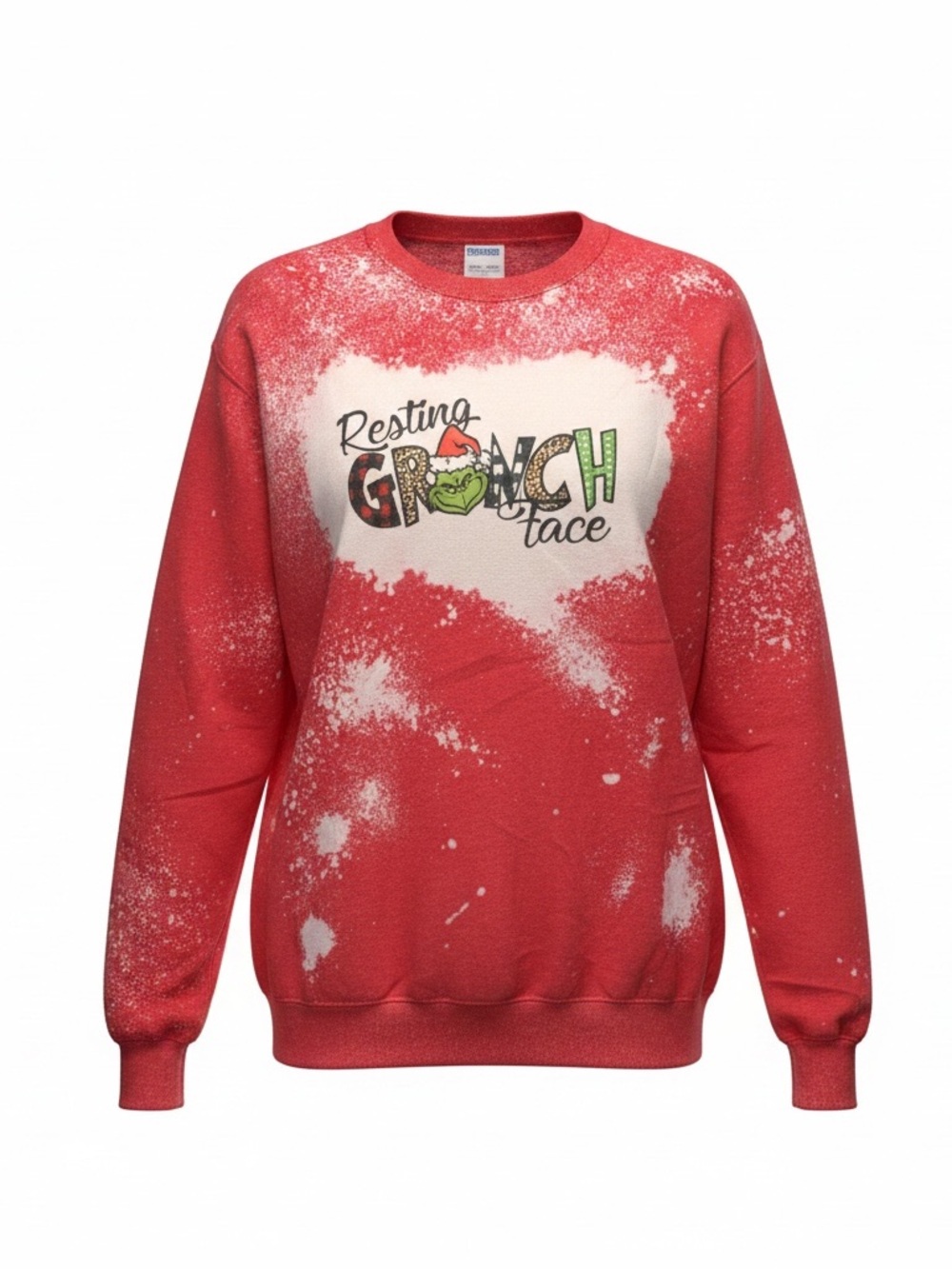 Resting Grinch Face Red Holiday Sweatshirt. Ladies med elastic cuffs and waist